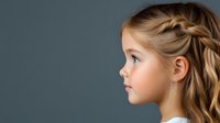 Young Caucasian girl with blonde braided hair in profile view against dark gray background, natural makeup and soft lighting creates gentle portrait mood.