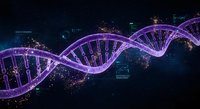 Digital DNA double helix structure with glowing purple neon effects on dark background for biotechnology and genetic research presentations.