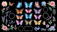 Colorful butterfly clipart set with flowers, ribbons, and frames, isolated on transparent background. Great for stickers, t-shirt design, print on demand, and sublimation.