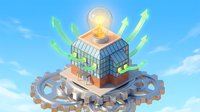 Glowing lightbulb on isometric building with upward arrows and gears, representing innovation, business growth, and success strategy for corporate development.