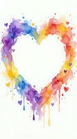 Watercolor rainbow heart frame with colorful paint splashes and small hearts on white background for romantic designs and love-themed projects.