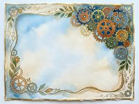 Steampunk ornamental frame with brass gears, cogs, and botanical elements on aged parchment background. Decorative border with mechanical and nature motifs for design projects.