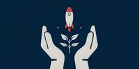 Hands nurturing a growing plant with rocket launching above, symbolizing business growth, innovation, and sustainable development on dark blue background.