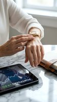 Professional businesswoman checking luxury watch while monitoring financial portfolio on tablet device at marble desk for time management and investment tracking.