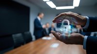 Businessman holding glowing padlock symbol in hands, representing data security and protection in modern office environment with colleagues in background.
