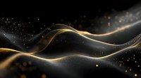 Abstract flowing golden and silver waves with glowing particles and bokeh effects on black background, luxury design element for elegant compositions.