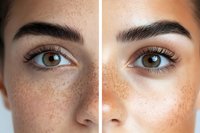 Close up comparison of natural freckled skin versus retouched facial features showing beauty editing and photo manipulation effects on brown eyes and eyebrows.