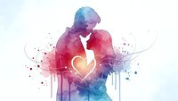 Watercolor couple silhouette with glowing heart, romantic love concept with colorful paint splashes and artistic drips for wedding designs.