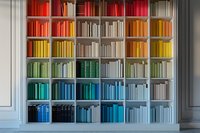 Colorful rainbow bookshelf with books arranged by color spectrum from red to blue, creating modern interior design element against white wall molding.
