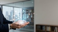 Businessman holding digital legal icons with scales of justice and law book symbols floating above palm in modern office environment.
