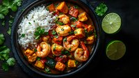 Spicy shrimp curry with prawns, vegetables and white rice in black bowl garnished with fresh cilantro and lime slices on dark background, top view.