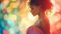 Pregnant woman with curly hair in profile against colorful bokeh lights background, maternity concept for wellness and motherhood campaigns.