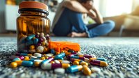 Colorful prescription pills and capsules scattered from orange bottle on carpet with blurred person sitting in background, depicting medication and healthcare.