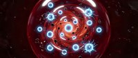 Glowing red and blue viral particles orbiting in a spherical formation against dark background, representing infection, disease research, and medical science concepts.