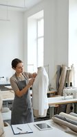 Young female fashion designer examining white garment in bright modern atelier workspace with sewing equipment and fabric rolls for clothing production.