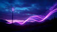 Glowing purple light trails flow through night mountain landscape with communication tower silhouette against dramatic twilight sky and clouds.