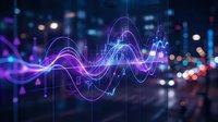 Abstract digital wave pattern with glowing purple and blue light trails flowing over blurred city lights background for technology and data concepts.