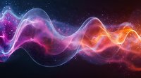 Colorful flowing energy waves in space with purple, orange and yellow colors against starry cosmic background creating abstract futuristic design pattern.