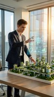 Young Caucasian businessman in suit using holographic interface to analyze green sustainable city model in modern office with large windows and natural light.