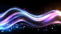Glowing wavy lines with sparkling particles in blue and pink neon colors flow against dark background creating magical light effect and motion trail.