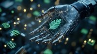 Futuristic robotic hand with glowing green leaf hologram against dark background with bokeh lights and digital elements floating in space.