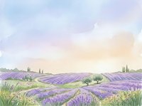 Lavender field landscape with rolling hills, cypress trees, and soft pastel sky in watercolor style, suitable for wall art, home decor, and travel illustrations.