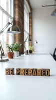 Wooden letter blocks spelling "BE PREPARED" arranged on a white desk with desk lamp, potted plant, and window in blurred background for motivational workspace concepts.