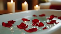 Romantic spa bath with red rose petals floating in white bathtub, candles creating warm ambiance for relaxation and wellness retreat at home.