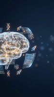Glowing brain with digital data streams, DNA helixes and atomic symbols floating in dark blue space representing artificial intelligence and neuroscience research.