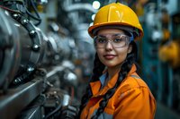 Young Asian female engineer in orange safety vest and yellow hard hat working at industrial facility, wearing protective glasses and smiling confidently near machinery.