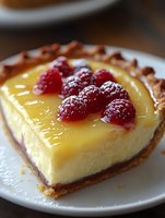 Slice of creamy lemon custard tart topped with fresh red raspberries and powdered sugar on flaky golden crust, served on white plate against dark background.