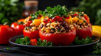 Stuffed red tomatoes with quinoa, vegetables and herbs served on dark plate. Fresh colorful ingredients create appetizing vegetarian meal for healthy eating.