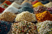 Vibrant aromatic spices and grains in wooden market display boxes, featuring turmeric, peppercorns, sesame seeds and colorful legumes arranged in rustic setting.