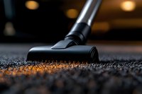 Close-up view of vacuum cleaner brush head on dark carpet with warm lighting, showing detailed texture of carpet fibers and professional cleaning process.