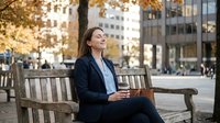 Professional businesswoman relaxing on park bench during lunch break in urban setting with autumn foliage and city buildings in background.