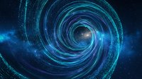 Digital spiral vortex with glowing blue and turquoise light trails creating cosmic tunnel effect against starry space background for sci-fi designs.