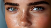 Close up macro shot of bright green eyes with natural freckles and thick dark eyebrows on tanned skin against blue background. Extreme detail showing skin texture and pores.
