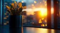 Potted plant silhouetted against urban sunset view through window with bokeh lights creating warm atmospheric mood for home interior and lifestyle designs.