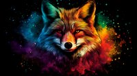 Vibrant rainbow-colored fox head emerging from cosmic space background with colorful paint splashes and glowing particles against dark starry sky. For wall art and prints.