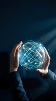 Businessman hands protecting glowing digital network sphere with connected lines representing global connectivity and data protection concepts.