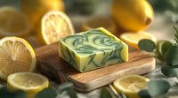 Handmade artisanal soap bar with swirled green pattern on wooden board surrounded by fresh cut lemons and eucalyptus leaves in soft natural lighting.