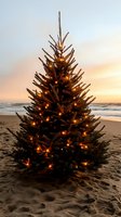 Illuminated Christmas tree with warm lights on sandy beach at sunset creating magical holiday atmosphere by ocean waves.