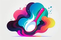 Vibrant spoon silhouette surrounded by colorful fluid shapes and dynamic splashes in pink, blue, turquoise and yellow gradient waves creates modern abstract composition.