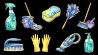 Cleaning supplies collection with spray bottle, mop, sponge, feather duster, brush, gloves, vacuum and detergent bottle isolated on transparent background. Ready for t-shirt design, clipart, stickers, print-on-demand and sublimation projects.