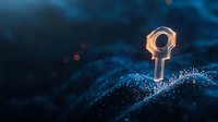 Glowing digital key on abstract blue technology landscape with particles, representing cybersecurity and data access solutions.