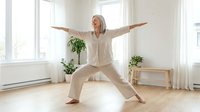 Senior woman with gray hair, Caucasian ethnicity, practicing yoga or tai chi in bright, minimalist home studio with wooden floor, potted plants, and natural light from windows.