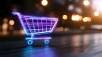 Glowing neon shopping cart on dark background with bokeh lights, modern retail concept representing digital commerce and online shopping experience.