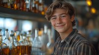 Young male bartender with wavy hair smiling warmly behind counter with blurred bottles and bar interior in background, creating welcoming hospitality atmosphere.
