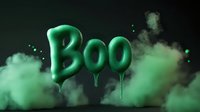 Spooky green glowing text spelling BOO with dripping effect floating in dark misty atmosphere against black background, creating eerie Halloween mood.