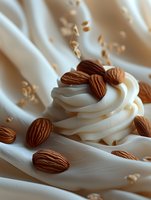 Creamy white swirls of soft whipped cream or frosting decorated with whole almonds on light fabric background, macro food photography with shallow depth of field.